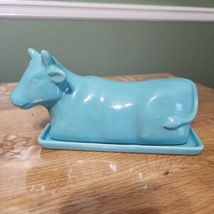 Teal Blue Porcelain Cow Shaped Butter Dish, 2 Pcs